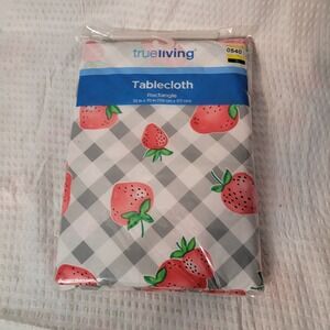 True Living Strawberry Gingham Tablecloth Rectangle 52x70 PEVA Grey White Red